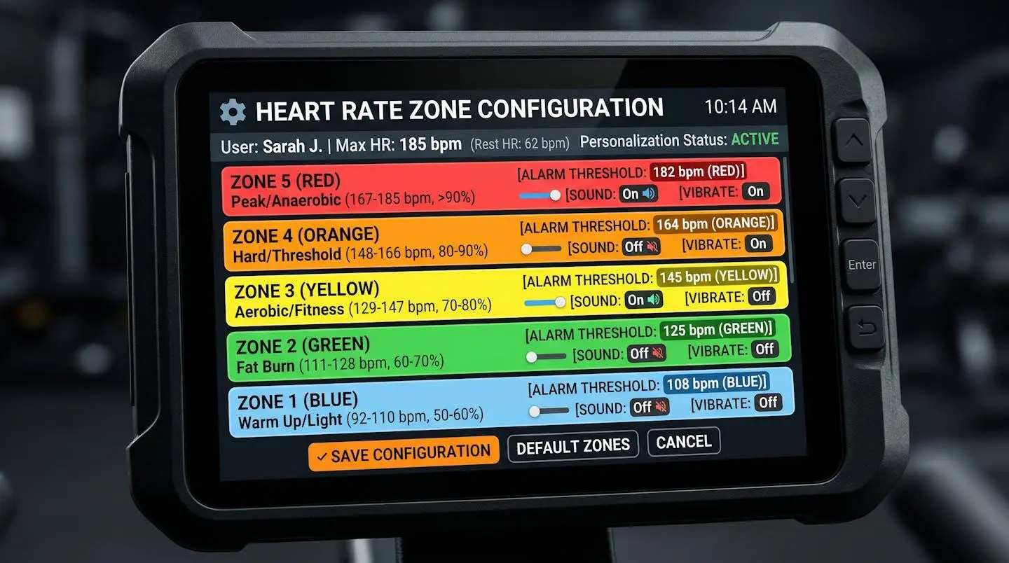 Interface de configuration des zones de fréquence cardiaque sur un dispositif de mesure avec seuils d'alarme personnalisés