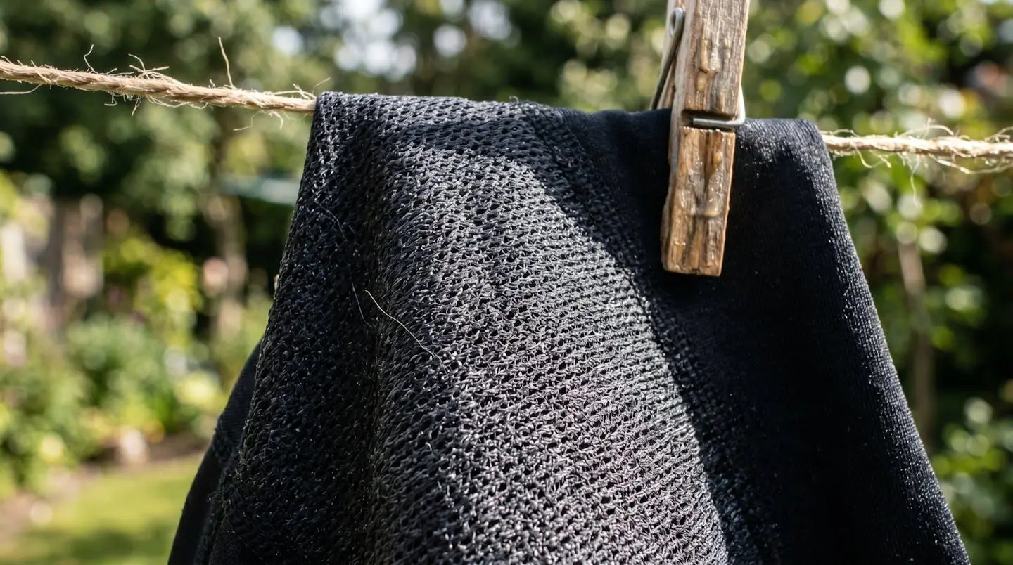 Cuissard de vélo séchant à l'air libre après lavage, vue macro sur les fibres techniques