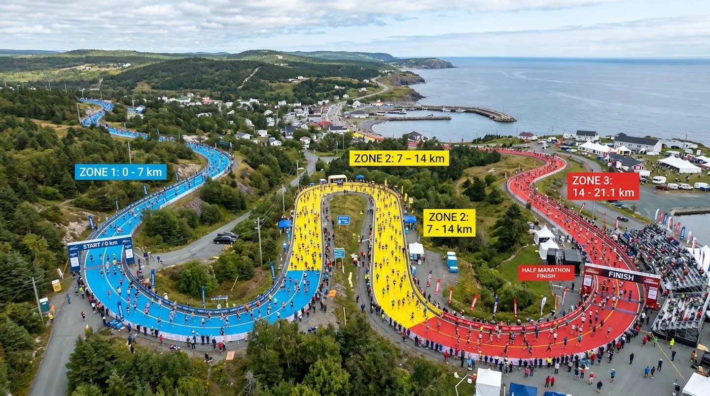 Vue aérienne d'une course avec trois zones colorées représentant les trois tiers d'un semi-marathon