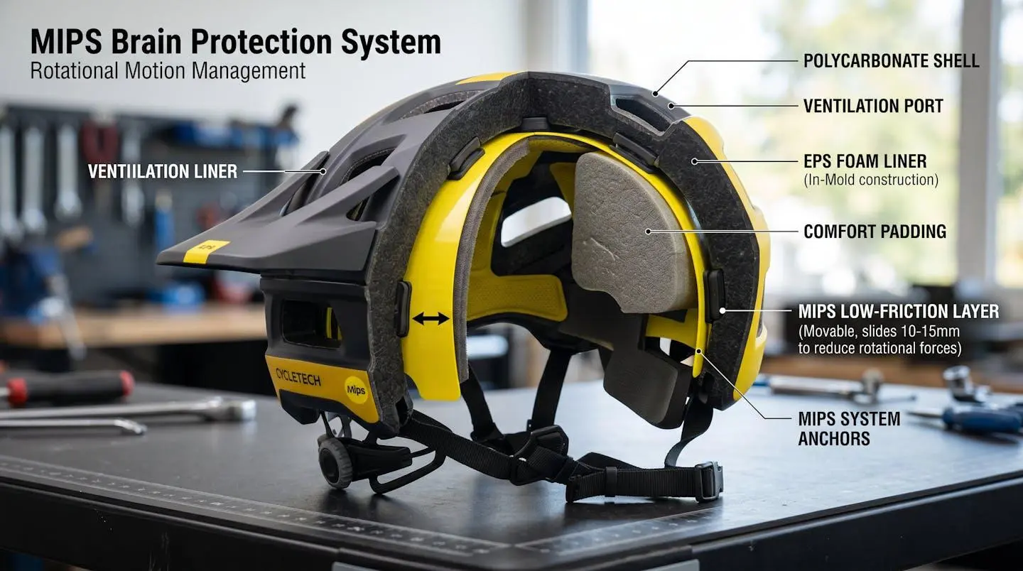 Coupe transversale d'un casque montrant le système de protection MIPS avec couche mobile visible