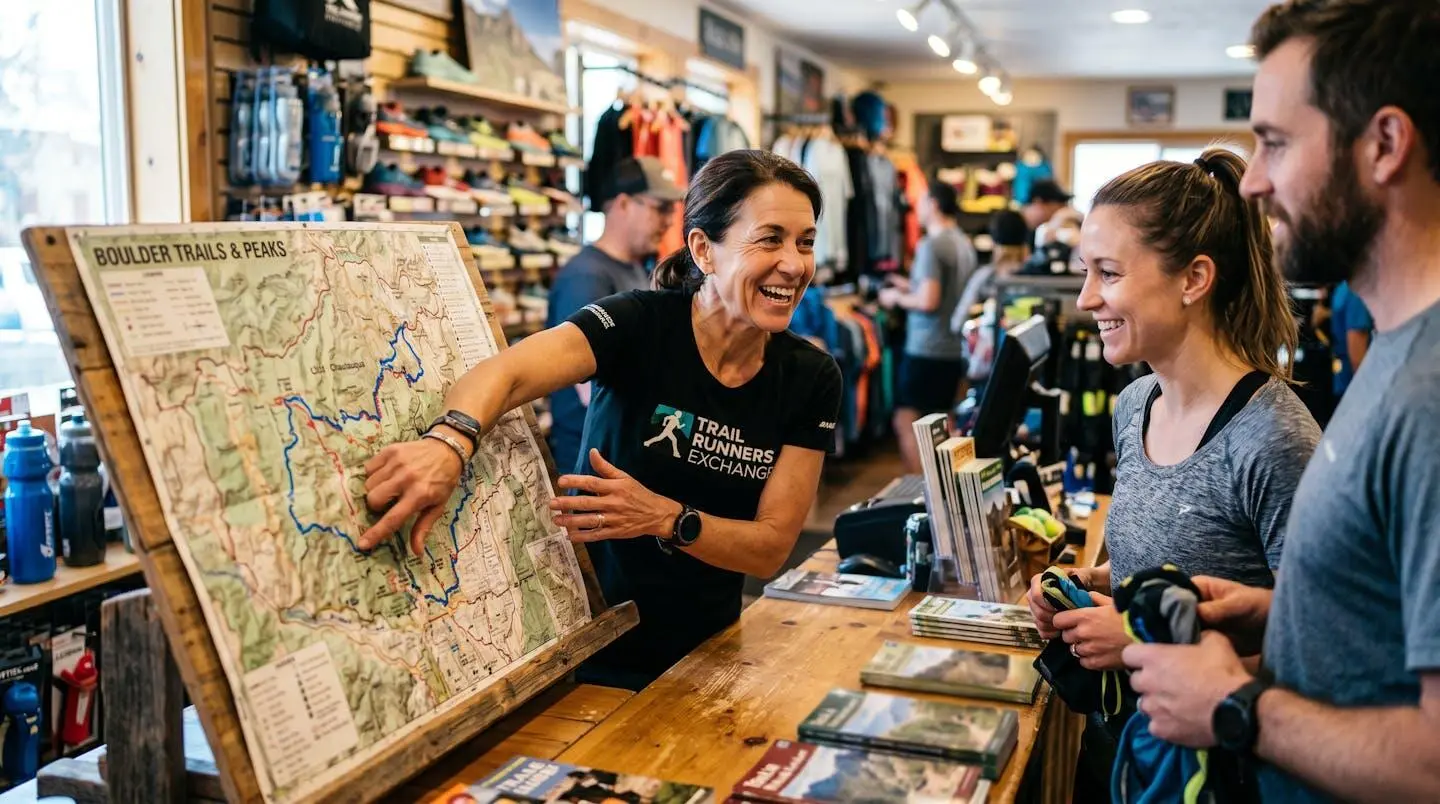 Vendeur passionné montrant des itinéraires de course sur une carte locale floue