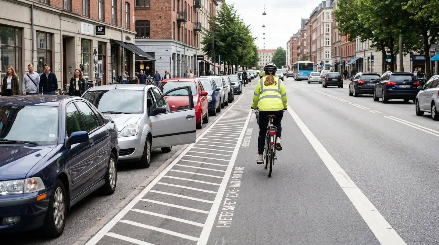 Visualisation de la zone de sécurité d'un mètre entre un cycliste et des voitures stationnées pour éviter une portière.